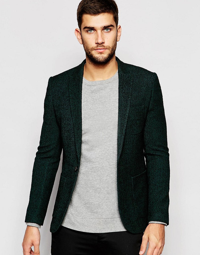 ASOS Super Skinny Blazer In Green Herringbone