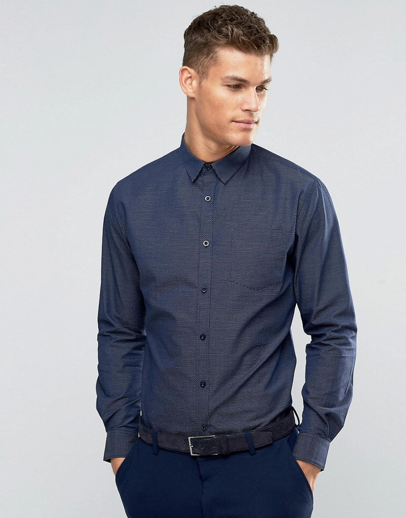 Sliver Eight Navy Dobby Slim Fit Smart Shirt