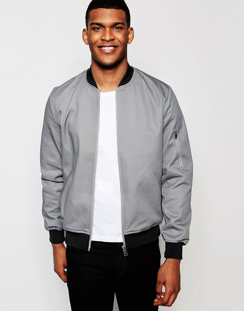 ASOS Bomber Jacket With Sleeve Zip In Gray