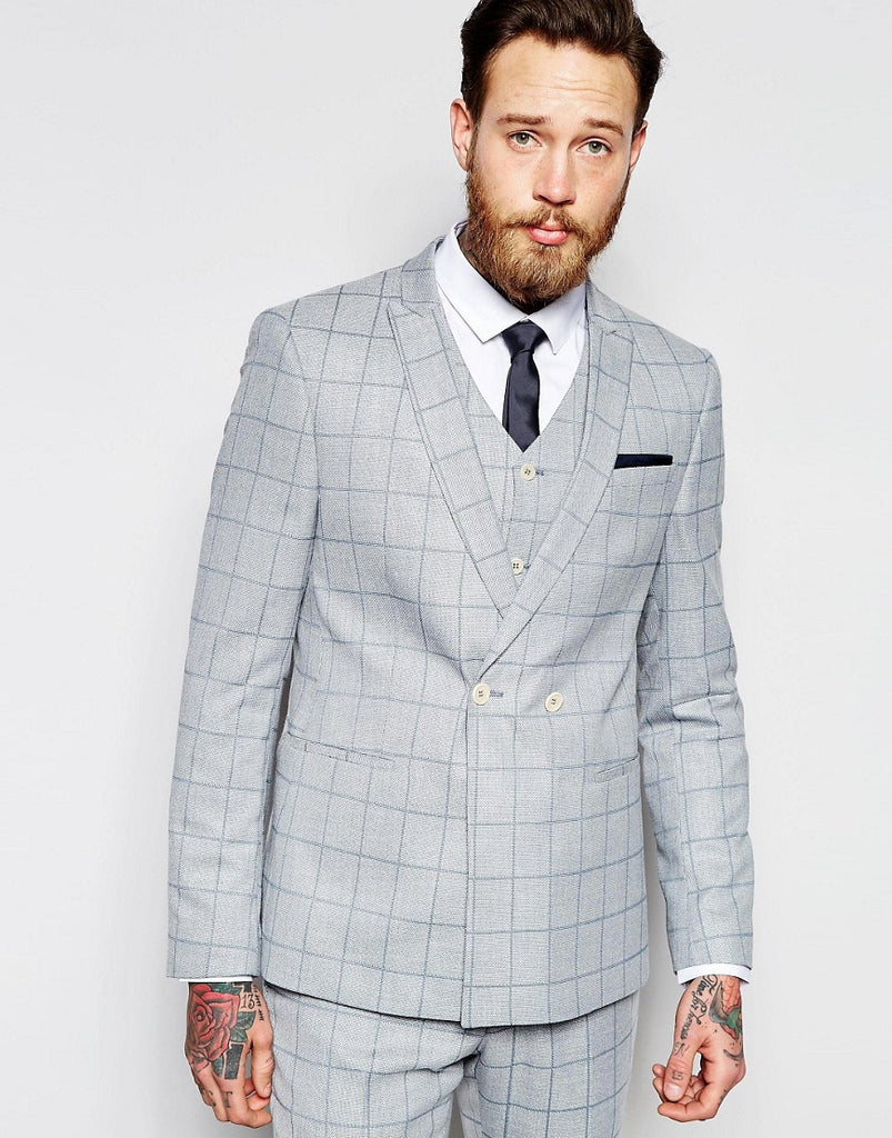 ASOS Skinny Double Breasted Suit Jacket In Light Blue Check