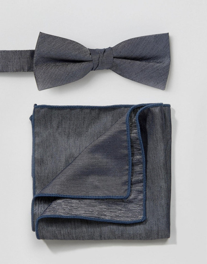 Minimum Bow Tie And Pocket Square Set In Chambray