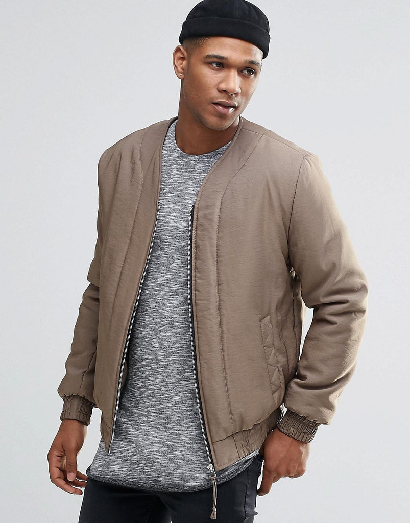 ASOS Collarless Bomber Jacket In Light Gray