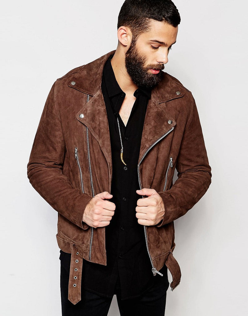 ASOS Belted Suede Biker Jacket In Brown