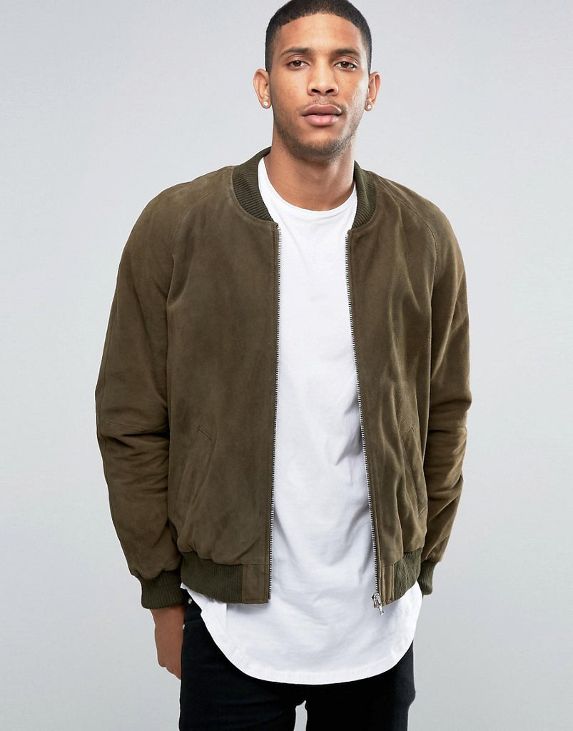 ASOS Suede Bomber Jacket In Khaki
