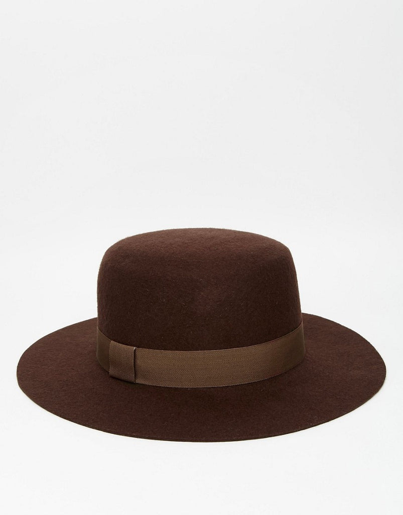 ASOS Flat Top Hat In Brown Felt With Wide Brim