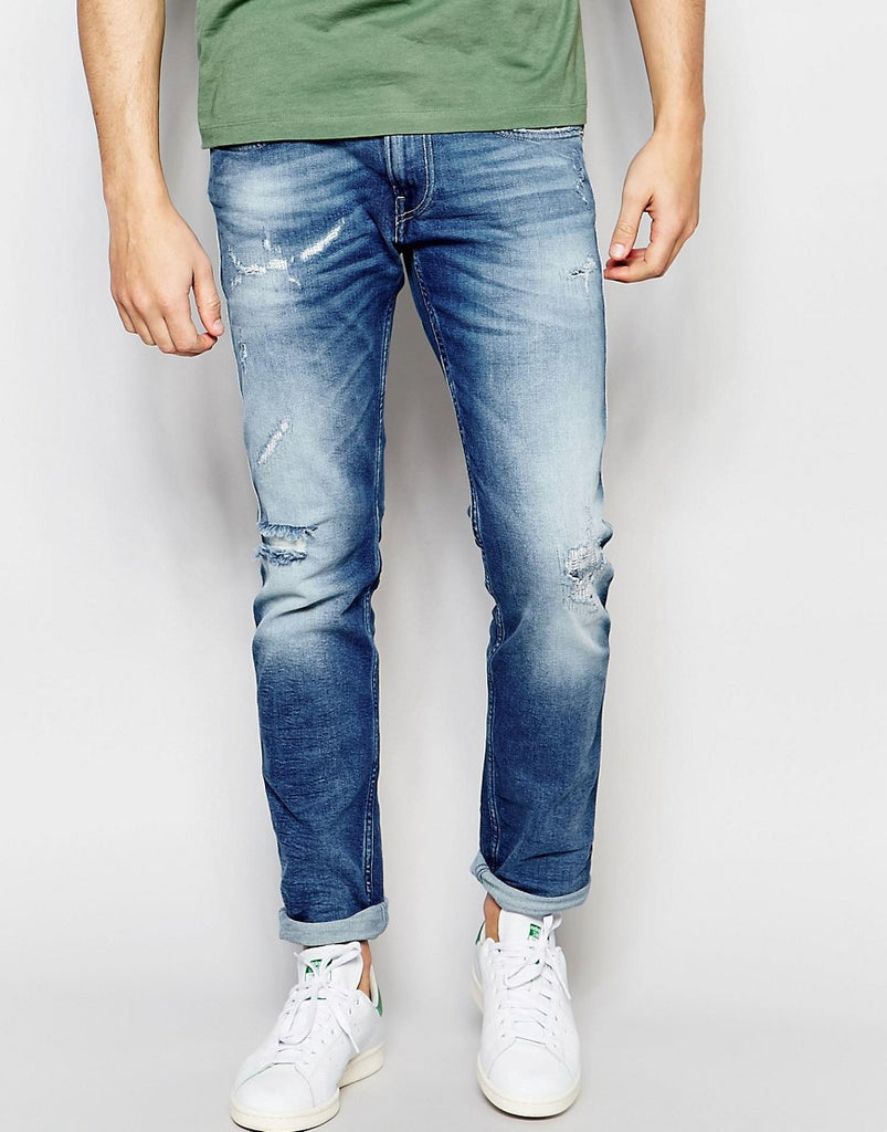 Jeans – Distressed Theme Crunch Replay Mi Extreme Broken Stretch Anbass Slim Edge Fit Caption