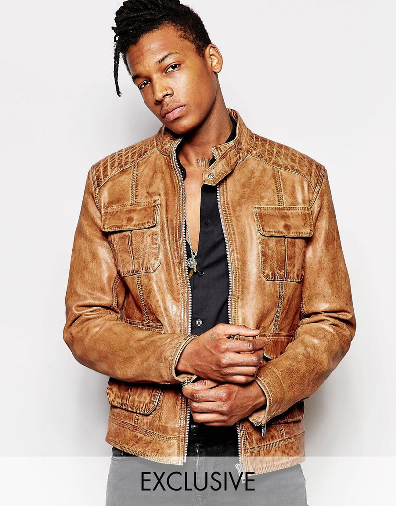 Black Dust Leather Biker Jacket With Pockets