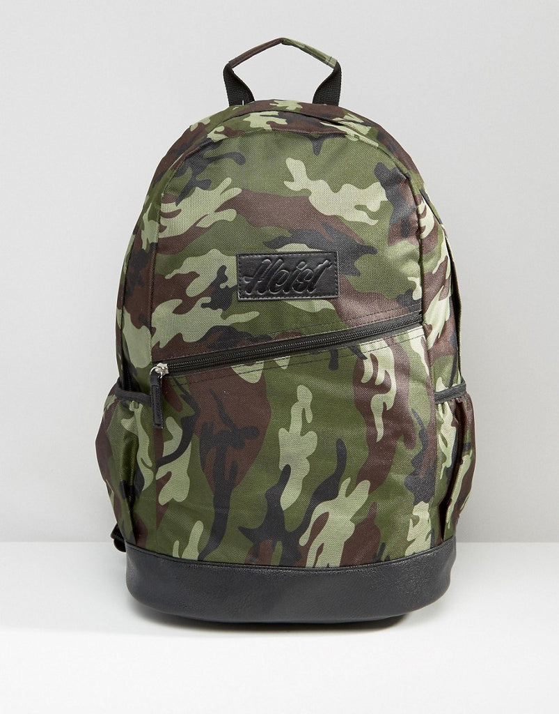 Heist Khaki Camo Backpack with Leather Look Trims