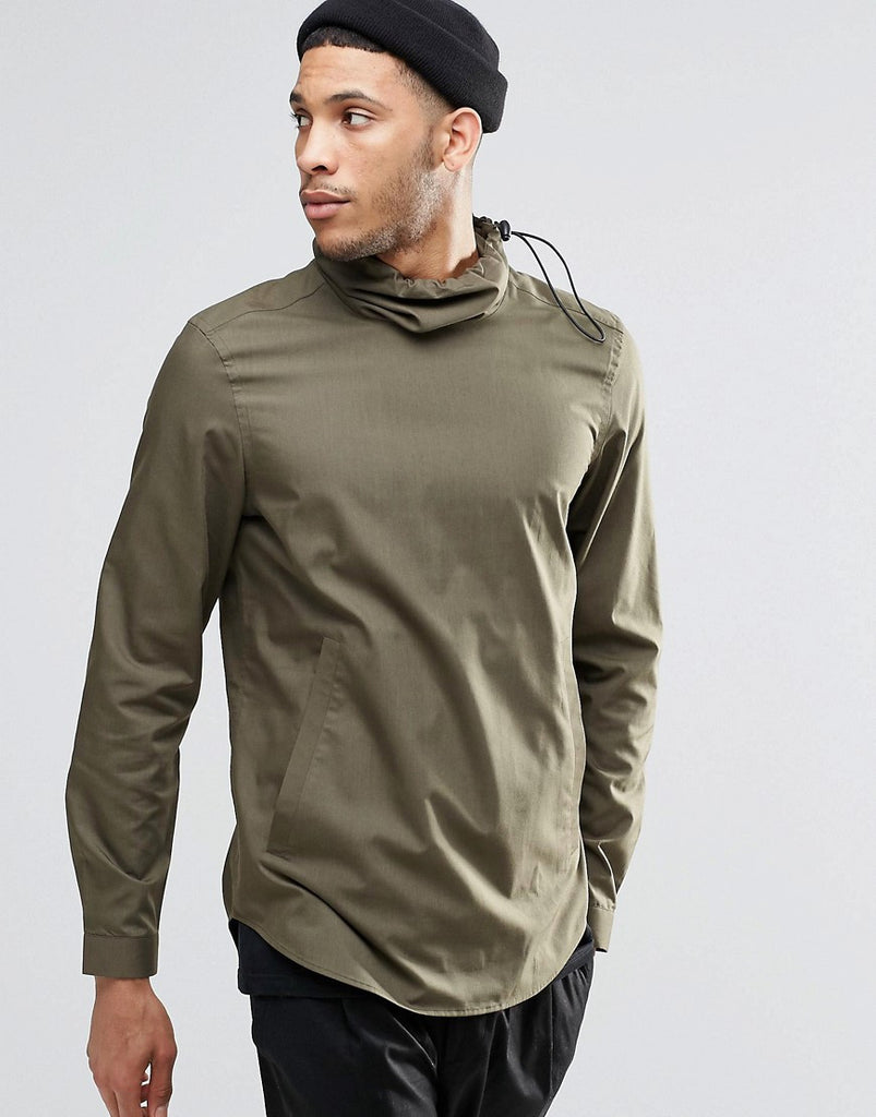 ASOS Khaki Shirt With Elasticated Funnel Neck In Regular Fit