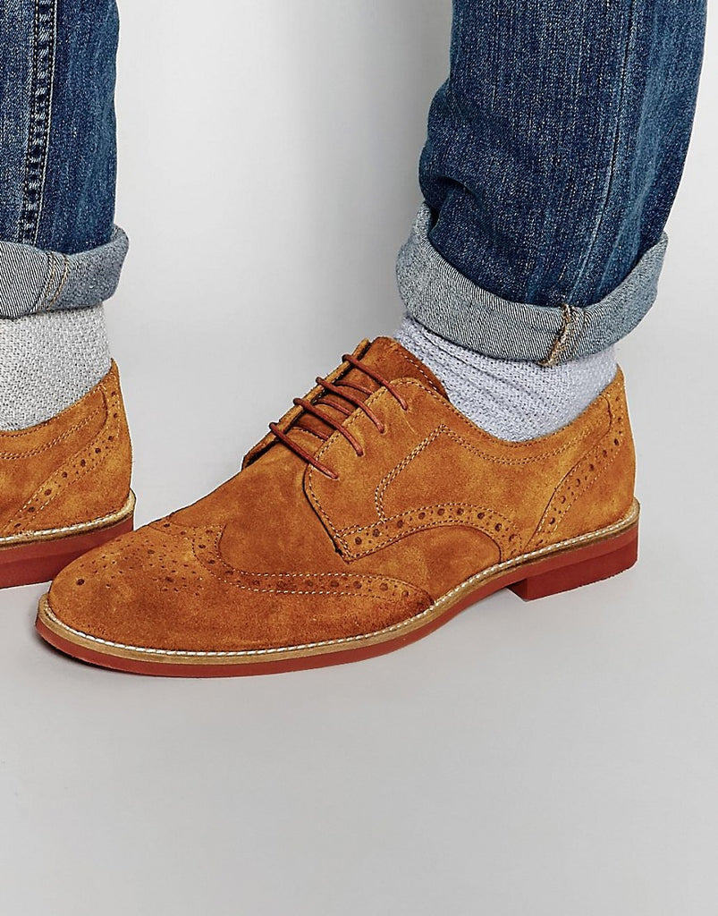 Red Tape Brogues In Tan Suede