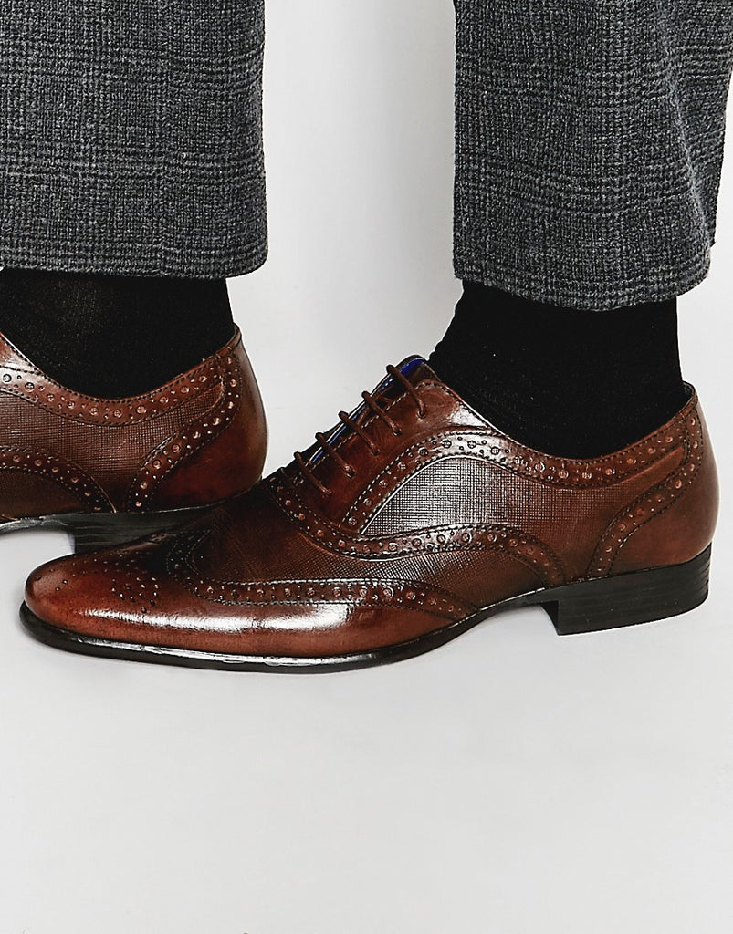 Red Tape Etched Brogues In Brown Leather