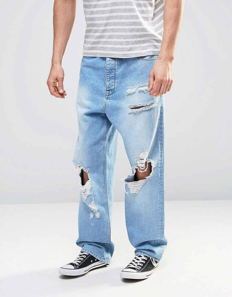 ASOS Oversized Jeans With Mega Rips In Light Blue