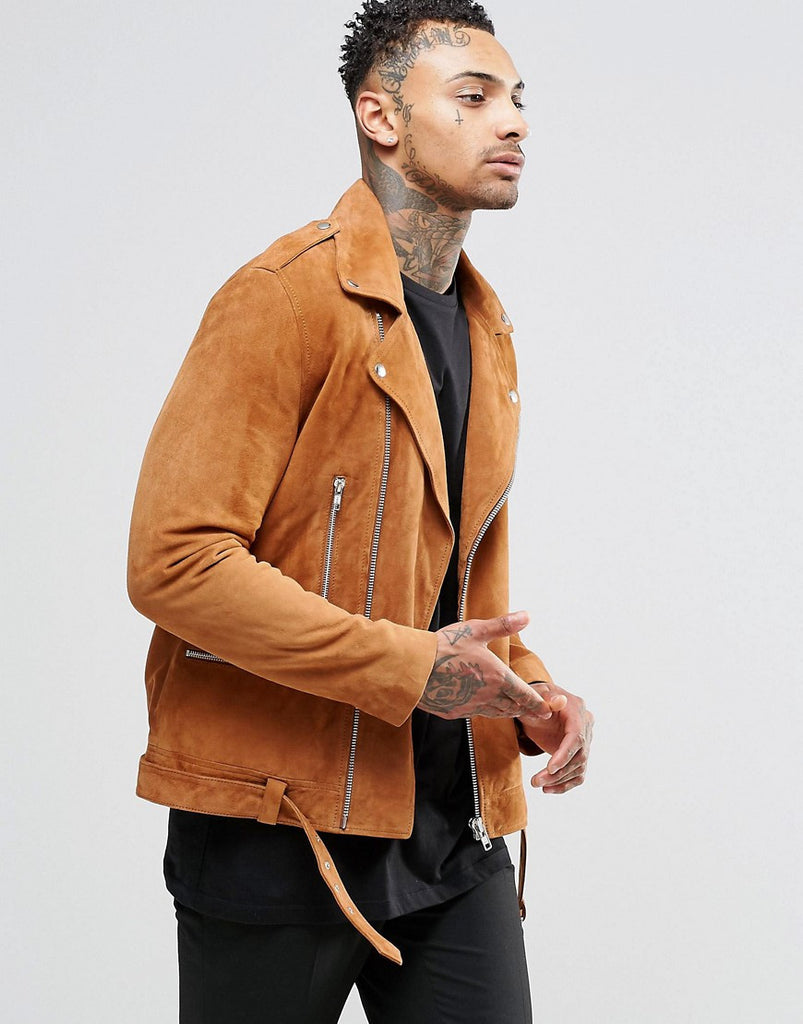 ASOS Belted Suede Biker Jacket In Tan