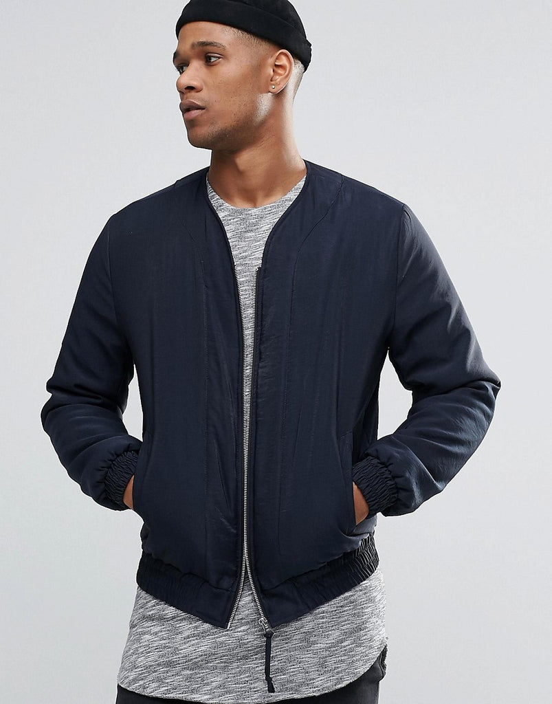 ASOS Collarless Bomber Jacket In Navy