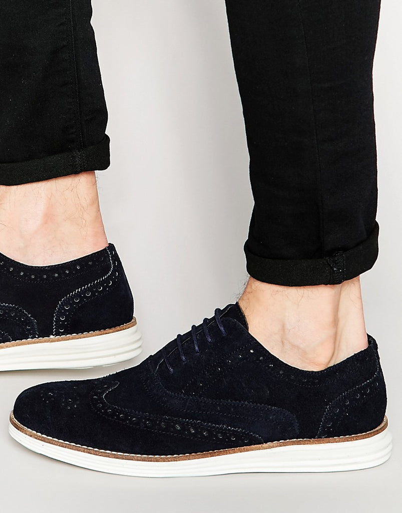 Dune Brogues In Navy Suede With Contrast Sole